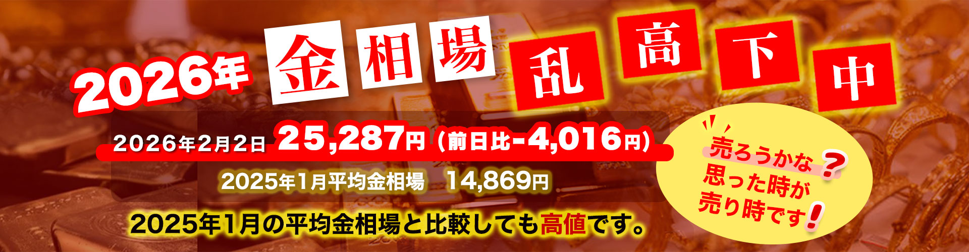 金相場乱高下中pc Infographic on the 2026 gold market: Feb 2 price 25,287円, down 4,016円 from yesterday; Jan 2025 average 14,869円; bold warning bubble about selling now.